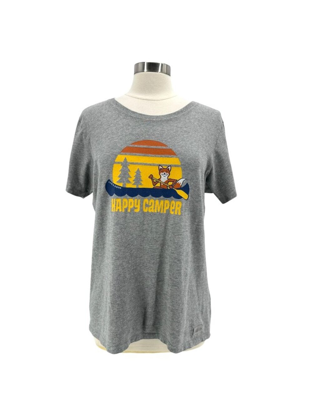 Life Is Good Womens Large Top Crusher Tee Happy Camper Graphic Fox Canoe T-Shirt